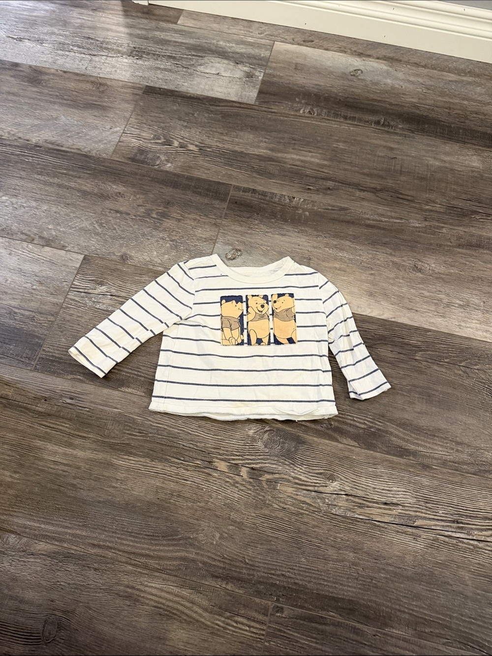 Disney Striped Long-Sleeve Kids Top with Bear Graphic - White & Navy